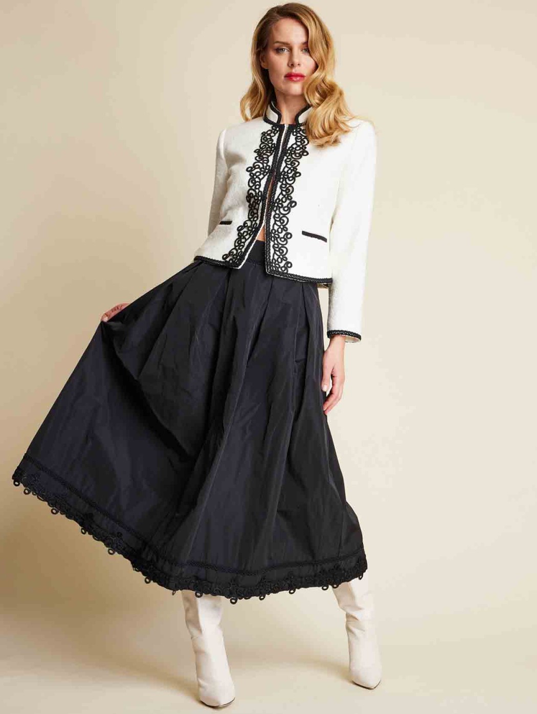 Piero Moretti Black & white brocade jacket and silk long folded skirt