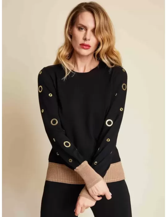 Piero Moretti black merino wool golden profiled sweater