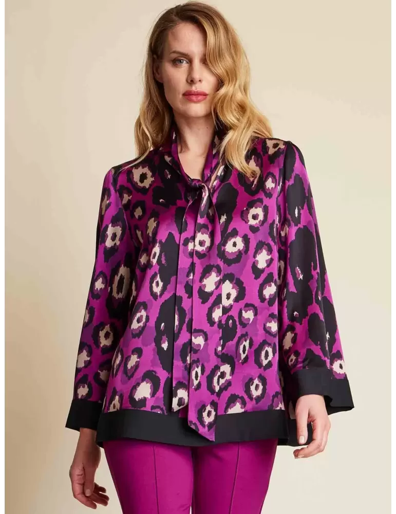 Piero Moretti fuchsia and black spots formal blouse with scarf Piero Moretti fuchsia and black spots formal blouse with scarf