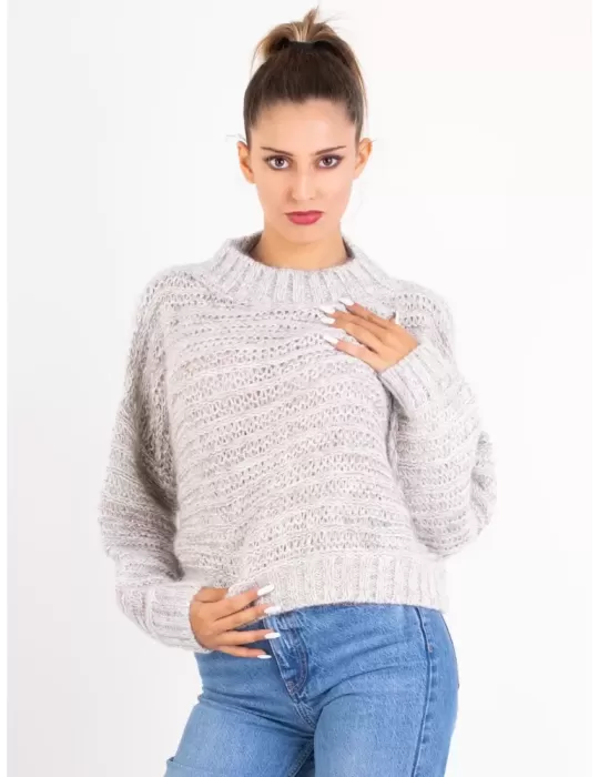 Beige tweed mohair alpaca wool silk sequins knitted chubby sweater