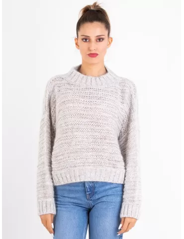 Beige tweed mohair alpaca wool silk sequins knitted chubby sweater