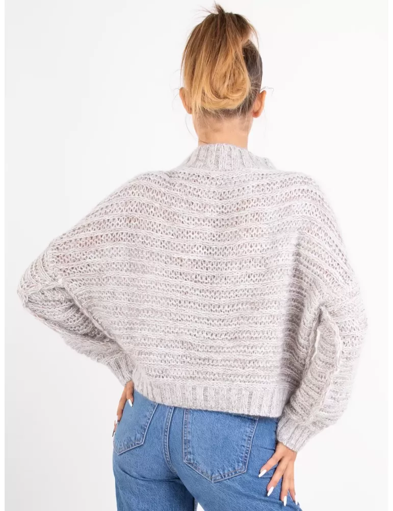 Beige tweed mohair alpaca wool silk sequins knitted chubby sweater