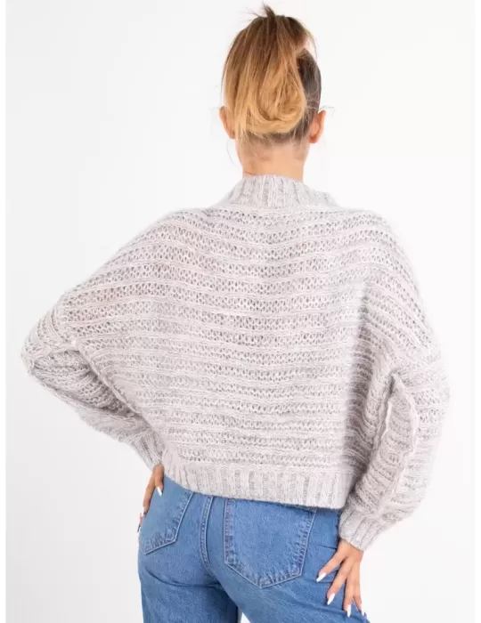 Beige tweed mohair alpaca wool silk sequins knitted chubby sweater