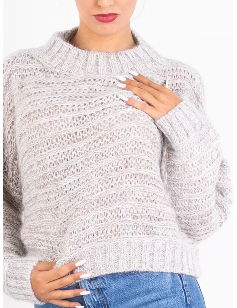 Beige tweed mohair alpaca wool silk sequins knitted chubby sweater