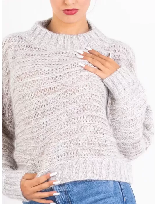 Beige tweed mohair alpaca wool silk sequins knitted chubby sweater