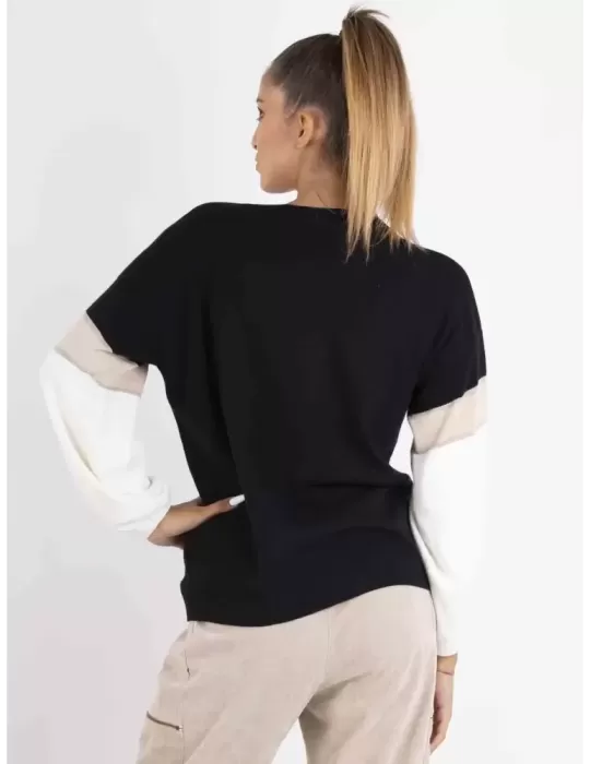 Volpato Maglieria | Pullover nero a scatola con maniche chiare e lurex