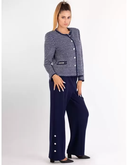 Aldo Colombo Online | Pantaloni palazzo cady blu con spacco e bottoni