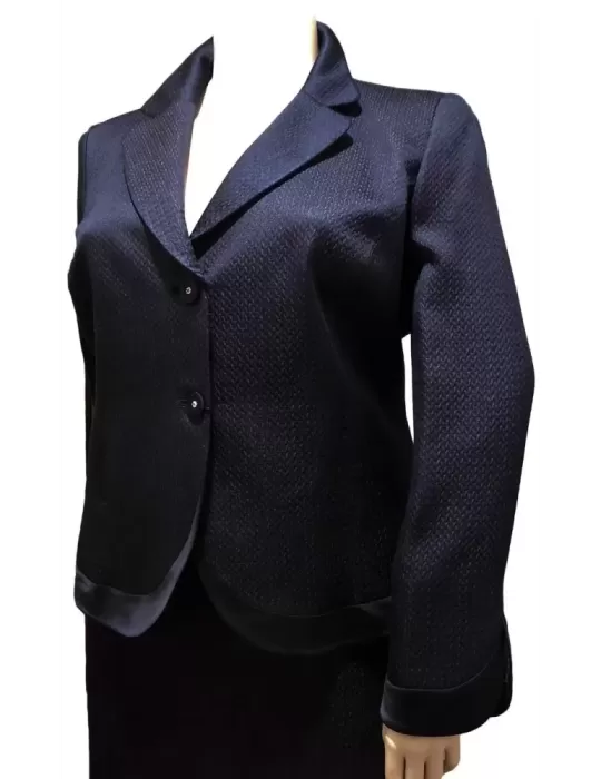 Dark blue silk brocade jacket and skirt formal plus size suit