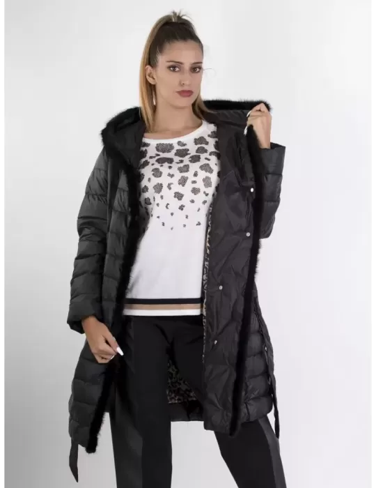 Cappotto piumino nero profili di visone fino alla tg 62 Pregio Couture