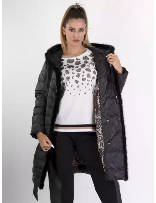 Cappotto piumino nero profili di visone fino alla tg 62 Pregio Couture Cappotto piumino nero profili di visone fino alla tg 62 Pregio Couture