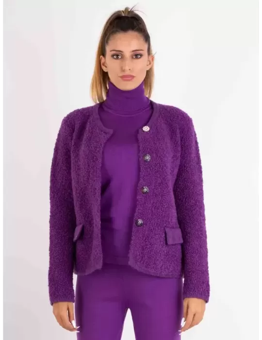 Frida Madè Baby alpaca merino bouclè purple cardigan jacket jewel button Frida Madè Baby alpaca merino bouclè purple cardigan jacket jewel button