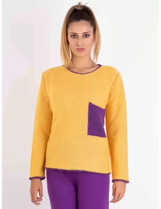 Frida Madè Women Luxury Knitwear | Yellow purple alpaca wool sweater Frida Madè Women Luxury Knitwear | Yellow purple alpaca wool sweater