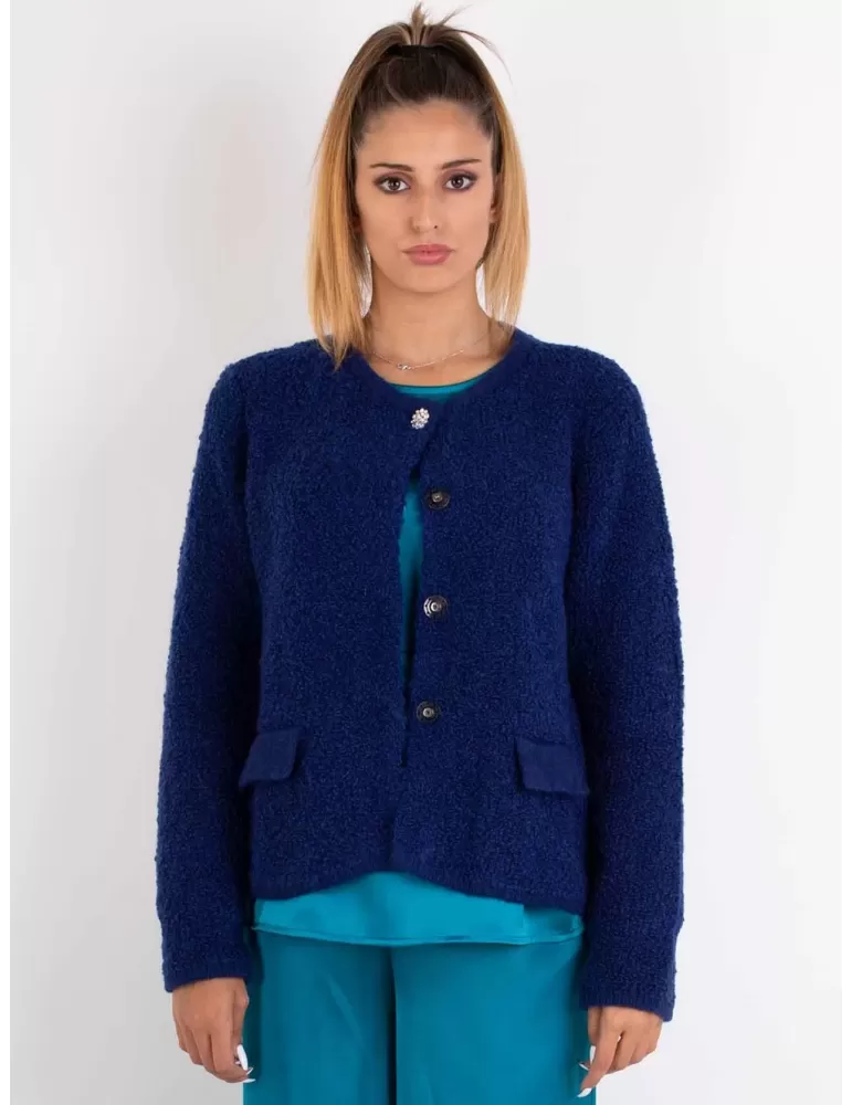 Frida Madè Online | Giacca Cardigan bouclè lana alpaca blu e strass Frida Madè Online | Giacca Cardigan bouclè lana alpaca blu e strass