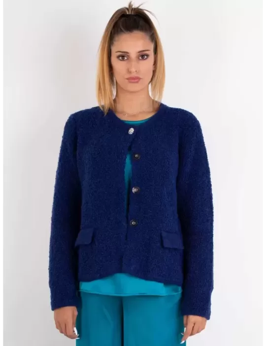 Frida Madè Online | Giacca Cardigan bouclè lana alpaca blu e strass Frida Madè Online | Giacca Cardigan bouclè lana alpaca blu e strass