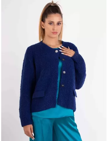 Frida Madè Online | Giacca Cardigan bouclè lana alpaca blu e strass 2