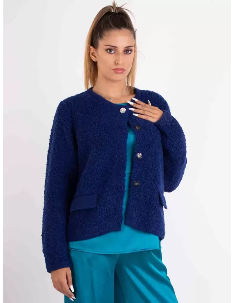 Frida Madè Online | Giacca Cardigan bouclè lana alpaca blu e strass