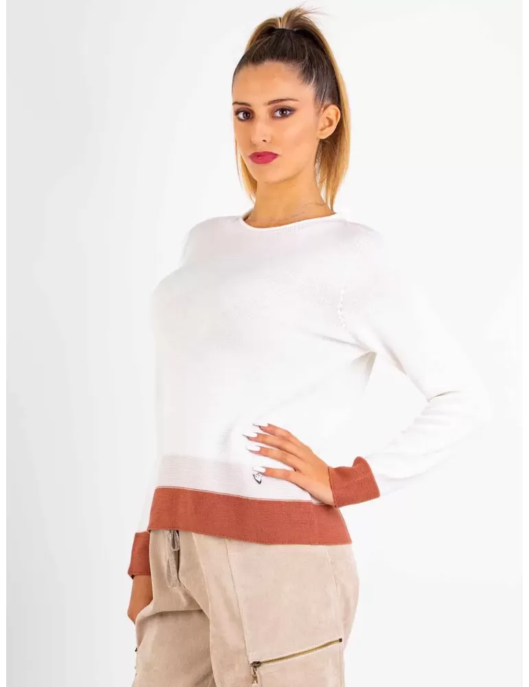 Milky white plain merino all wool sweater brown profiles | Riva Tricot