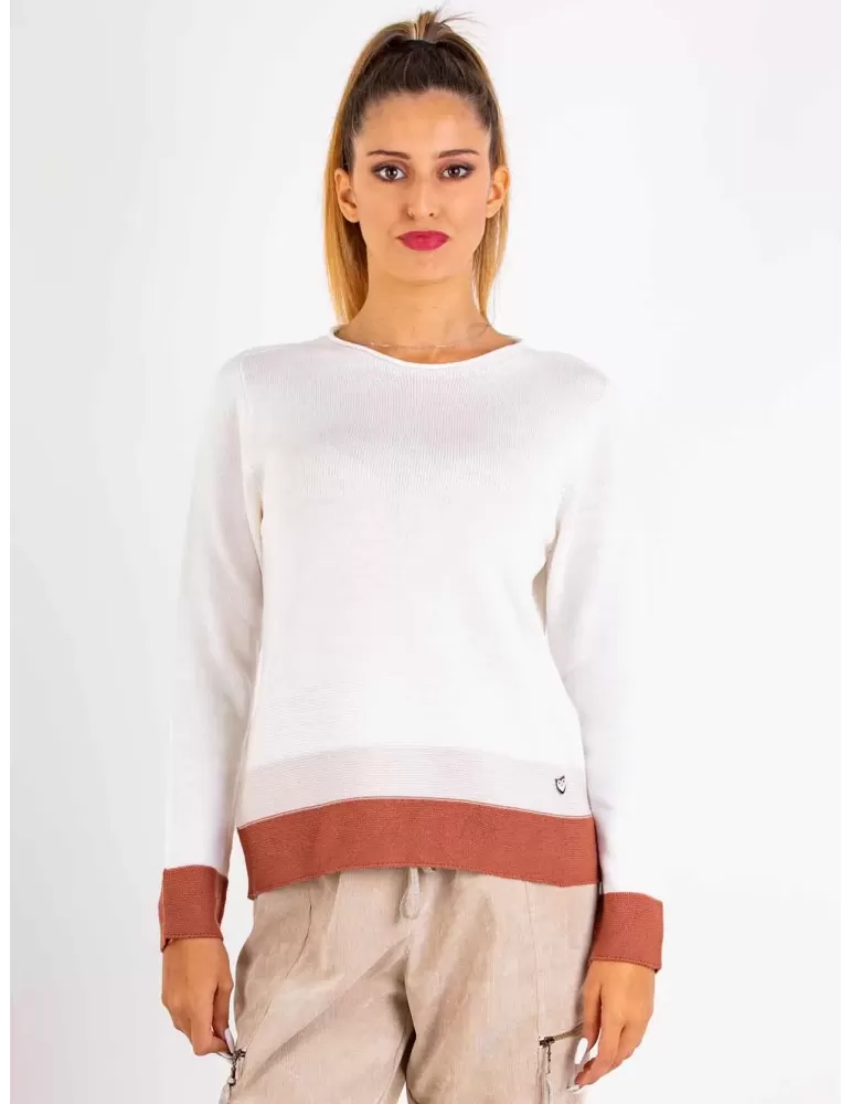 Milky white plain merino all wool sweater brown profiles | Riva Tricot Milky white plain merino all wool sweater brown profiles | Riva Tricot