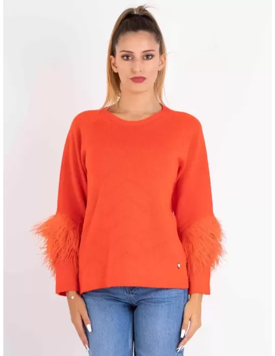 Riva online Italian knitwear | Orange wool sweater jumper with feathers Riva online Italian knitwear | Orange wool sweater jumper with feathers