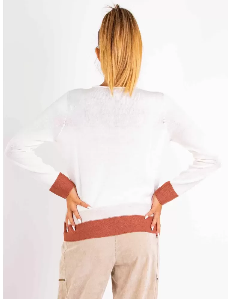 Milky white plain merino all wool sweater brown profiles | Riva Tricot