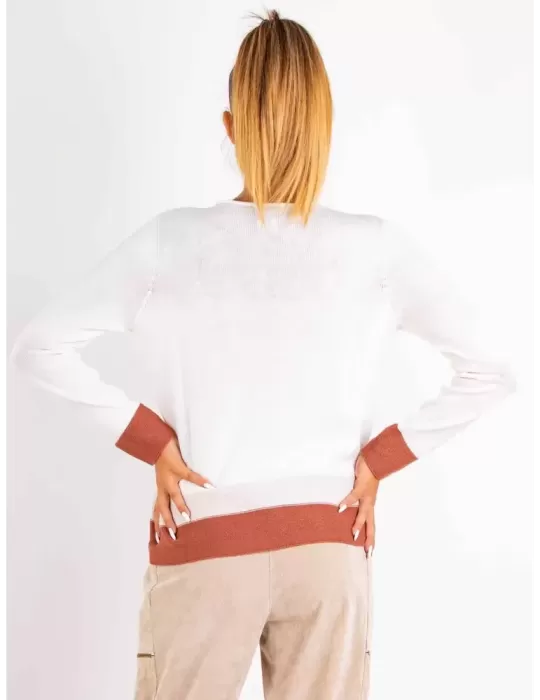 Milky white plain merino all wool sweater brown profiles | Riva Tricot