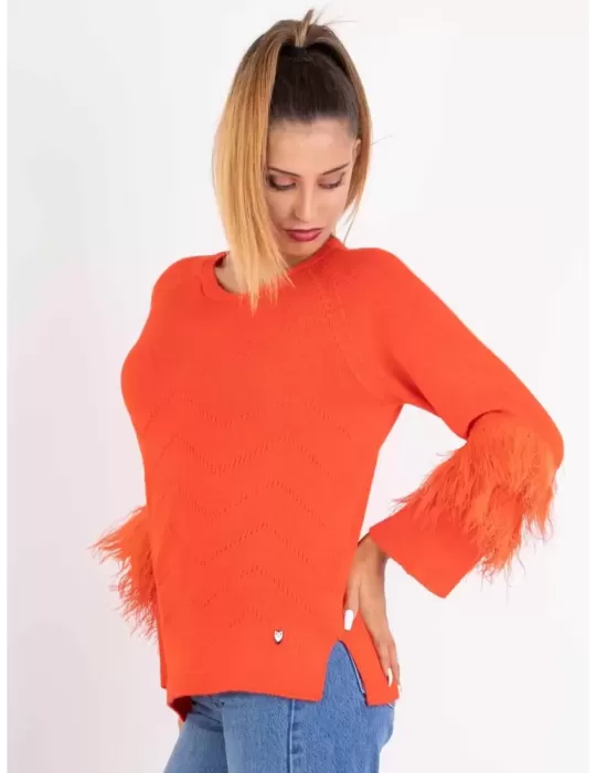 Riva online Italian knitwear | Orange wool sweater jumper with feathers