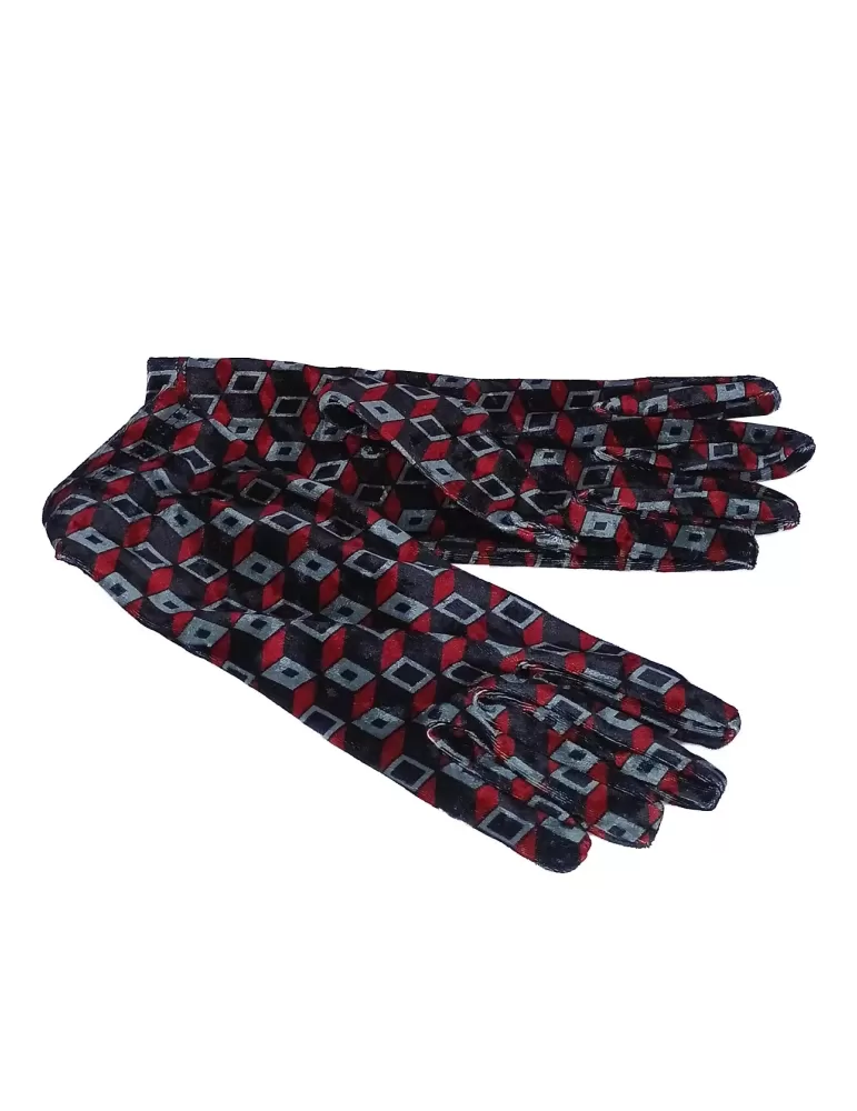 Bottega de Guanto | Red and blue pattern velvet gloves for ladies
