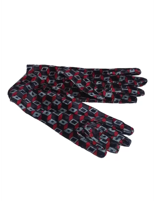 Bottega del Guanto | Guanti velluto fantasia geometrica rosso e grigio