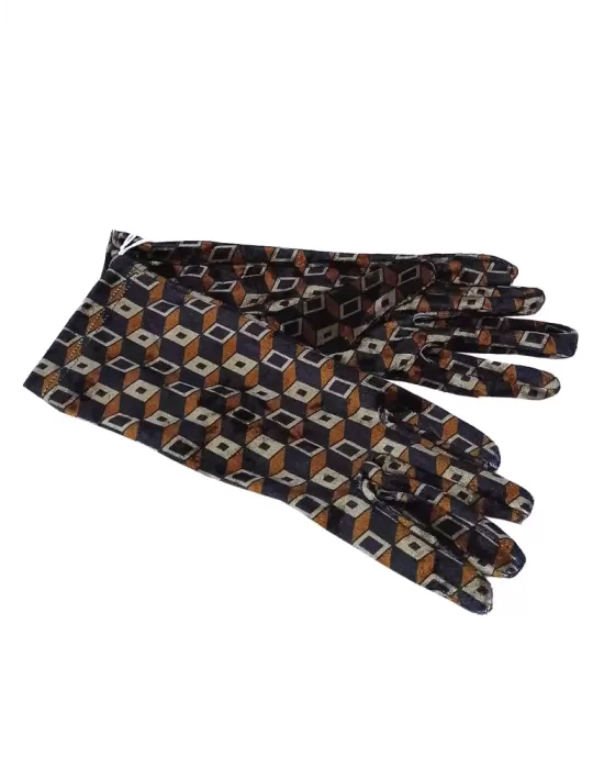 Mustard yellow and blue geometric pattern velvet gloves