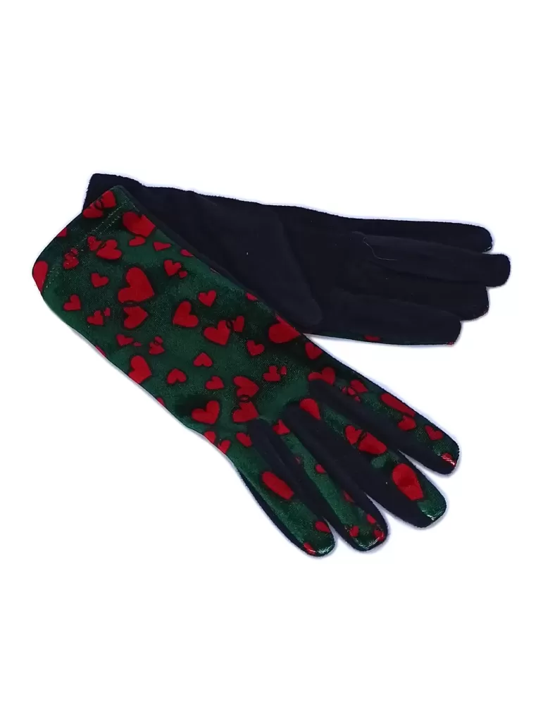 Red little hearts pattern black pile fashion gloves