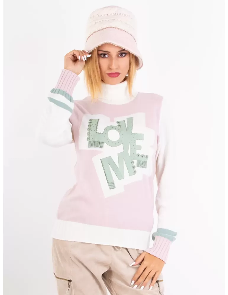 Pink cashmere turtle neck sweater with leather embroidery