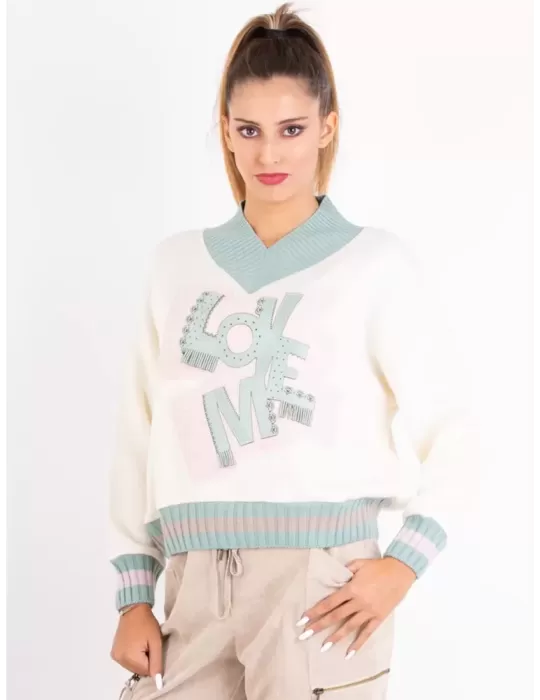 Tricot Chic Luxury Knitwear | V-neck box sweater leather embroidery Tricot Chic Luxury Knitwear | V-neck box sweater leather embroidery