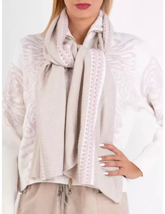 Tricot Chic beige wool scarf with pink gold lurex embroidery Tricot Chic beige wool scarf with pink gold lurex embroidery