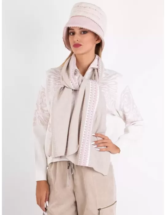 Tricot Chic beige wool scarf with pink gold lurex embroidery