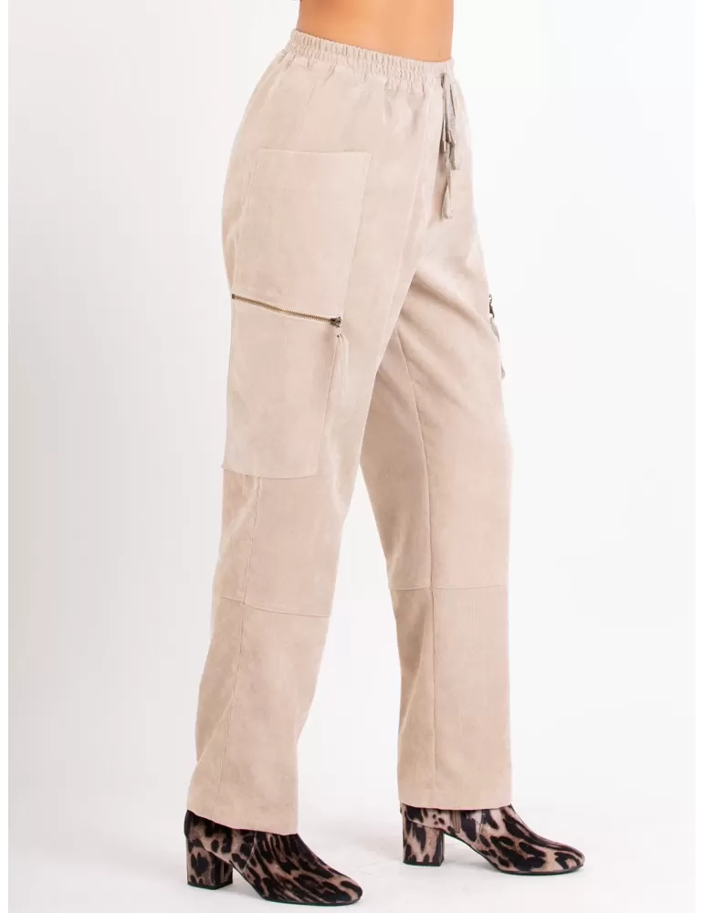 Tricot Chic Italy beige velvet cargo pockets long trousers