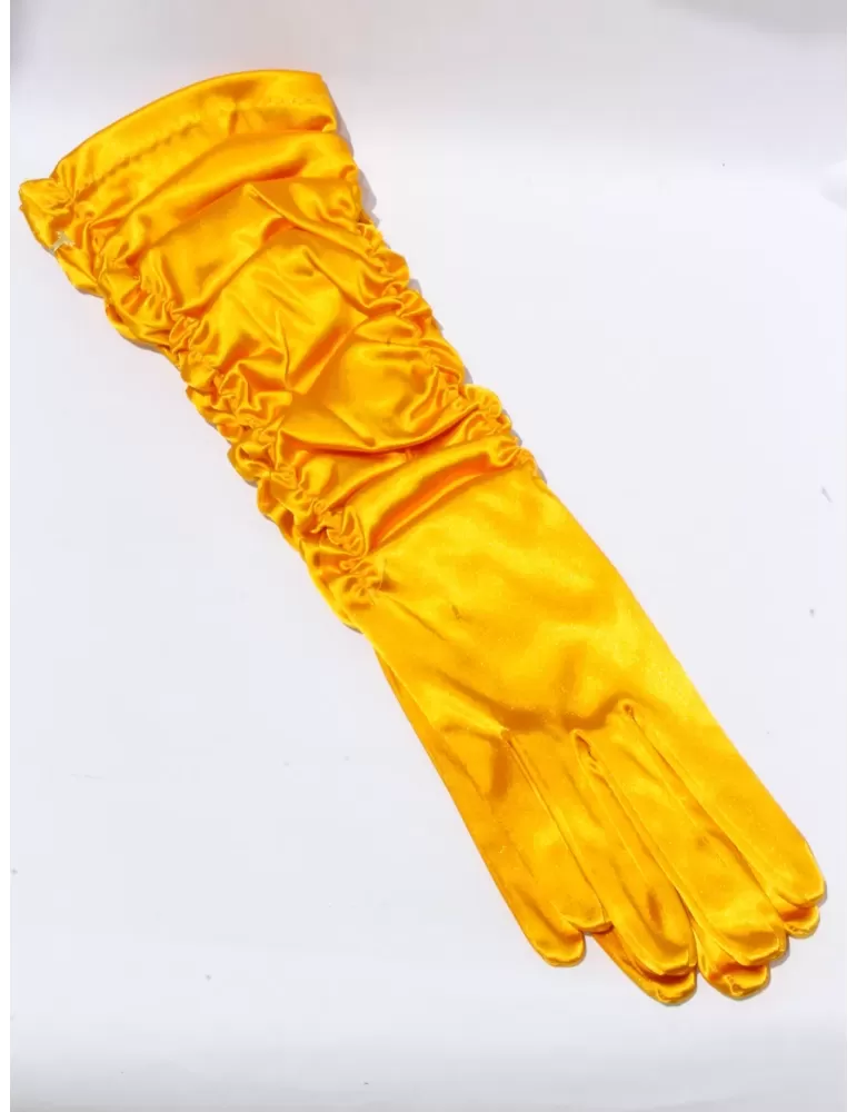 Guanti eleganti in raso giallo drappeggiato lunghezza 37 cm Guanti eleganti in raso giallo drappeggiato lunghezza 37 cm
