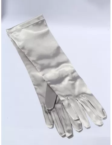 Silk and cotton satin pearl grey formal gloves 24 cm lenght
