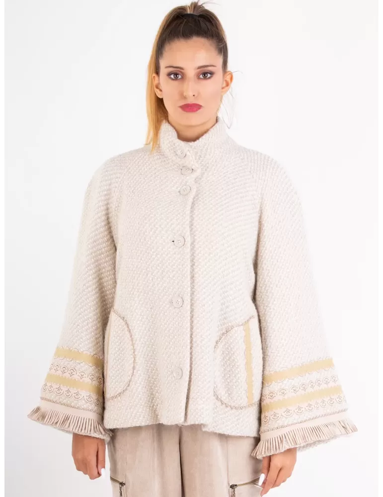 Tricot Chic beige alpaca wool jacket with leather lace