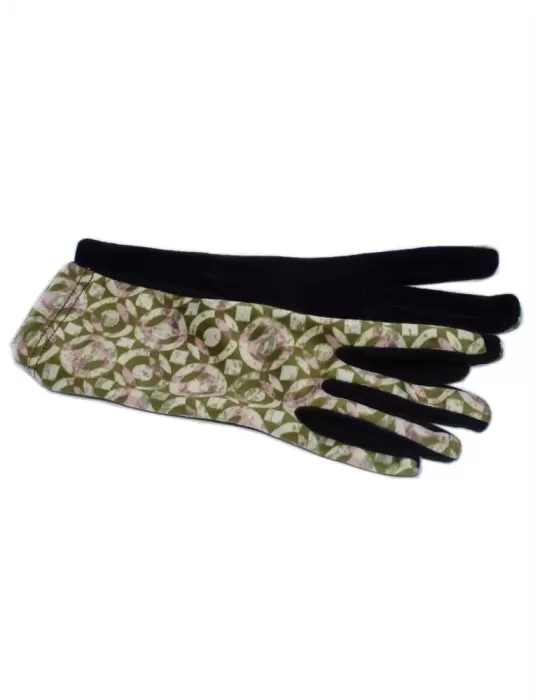 Green and pink circles pattern black pile fashion gloves