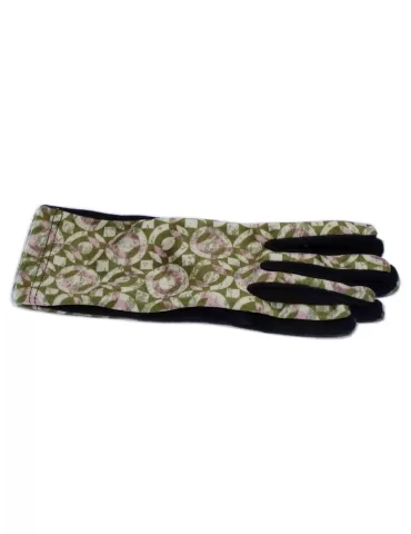 Green and pink circles pattern black pile fashion gloves