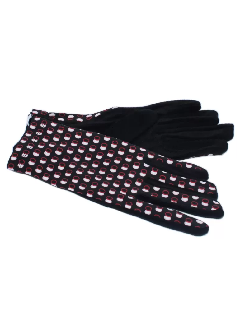 Bottega de Guanto | Red and pink ovals pattern black pile fashion gloves