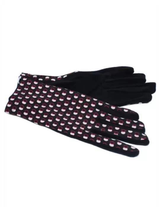 Bottega de Guanto | Red and pink ovals pattern black pile fashion gloves