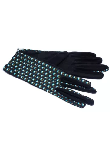 Turquoise and green dots pattern black pile fashion gloves 2