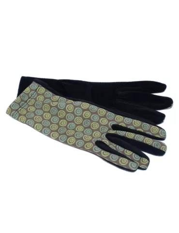 Green and pink circles pattern black pile fashion gloves 2