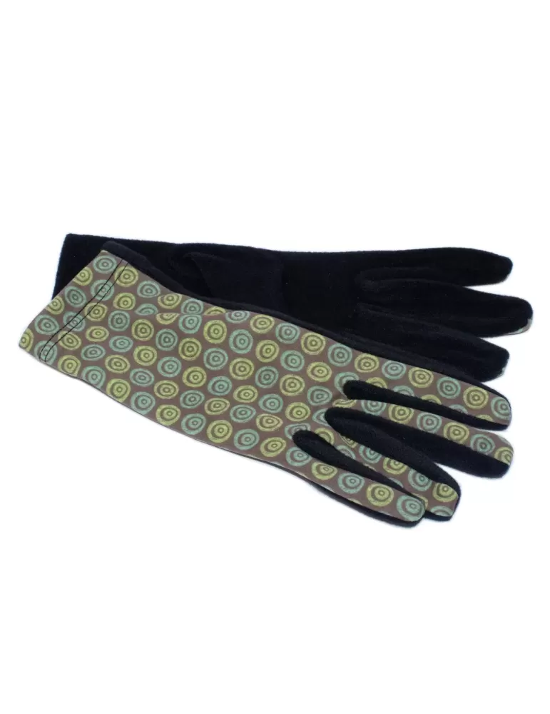 Green and pink circles pattern black pile fashion gloves