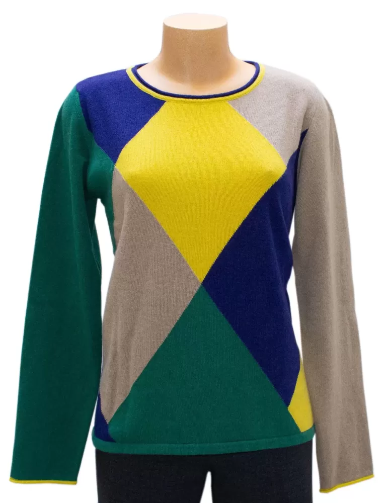 Maglione pullover lana e cashmere rombi giallo blu verde | Frida Madè Maglione pullover lana e cashmere rombi giallo blu verde | Frida Madè