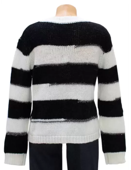 Maglione pullover V lana e alpaca fasce bianco e nero | Frida Madè
