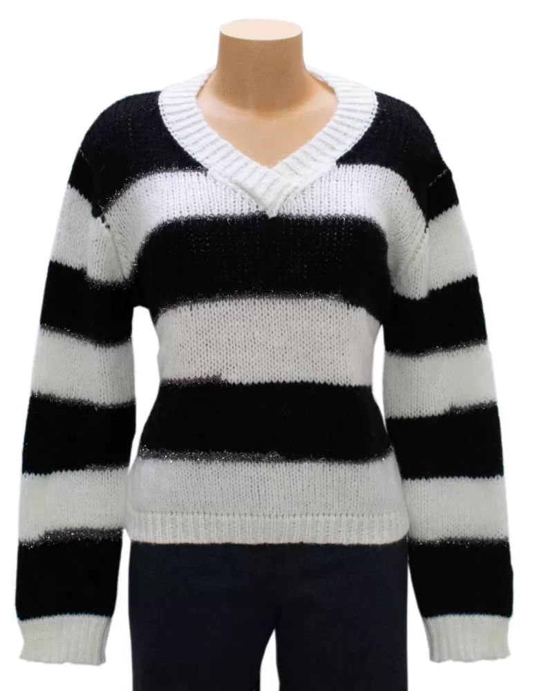 Maglione pullover V lana e alpaca fasce bianco e nero | Frida Madè Maglione pullover V lana e alpaca fasce bianco e nero | Frida Madè