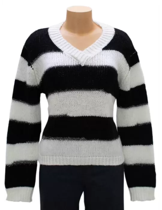 Maglione pullover V lana e alpaca fasce bianco e nero | Frida Madè Maglione pullover V lana e alpaca fasce bianco e nero | Frida Madè