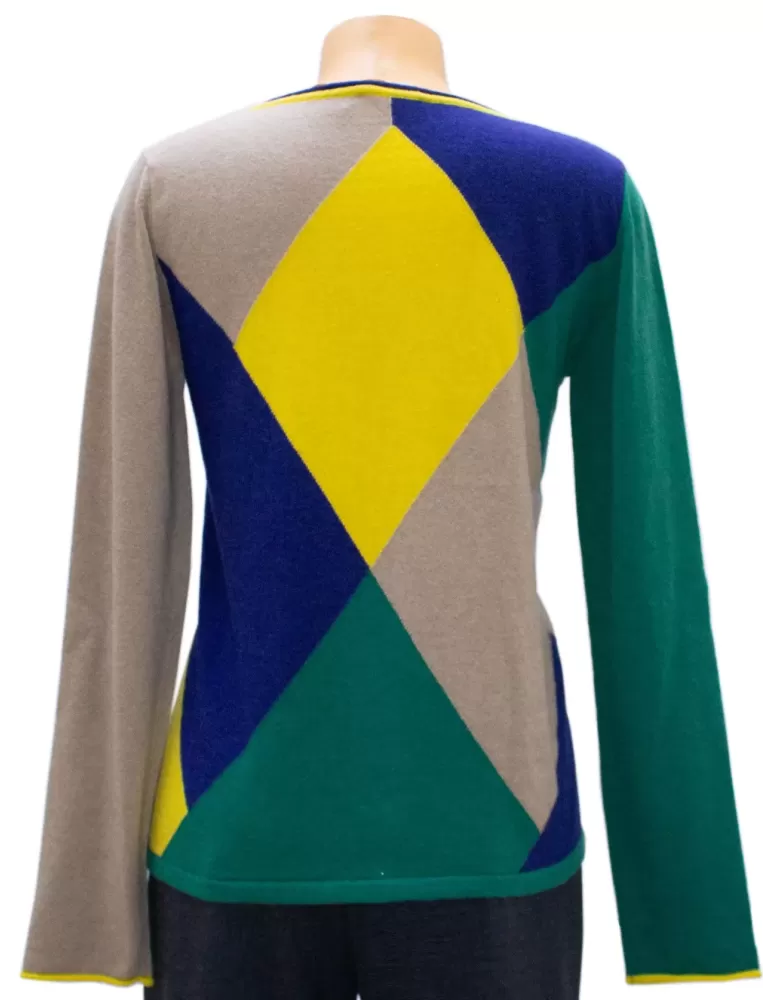Green blue yellow merino cashmere wool diamond sweater